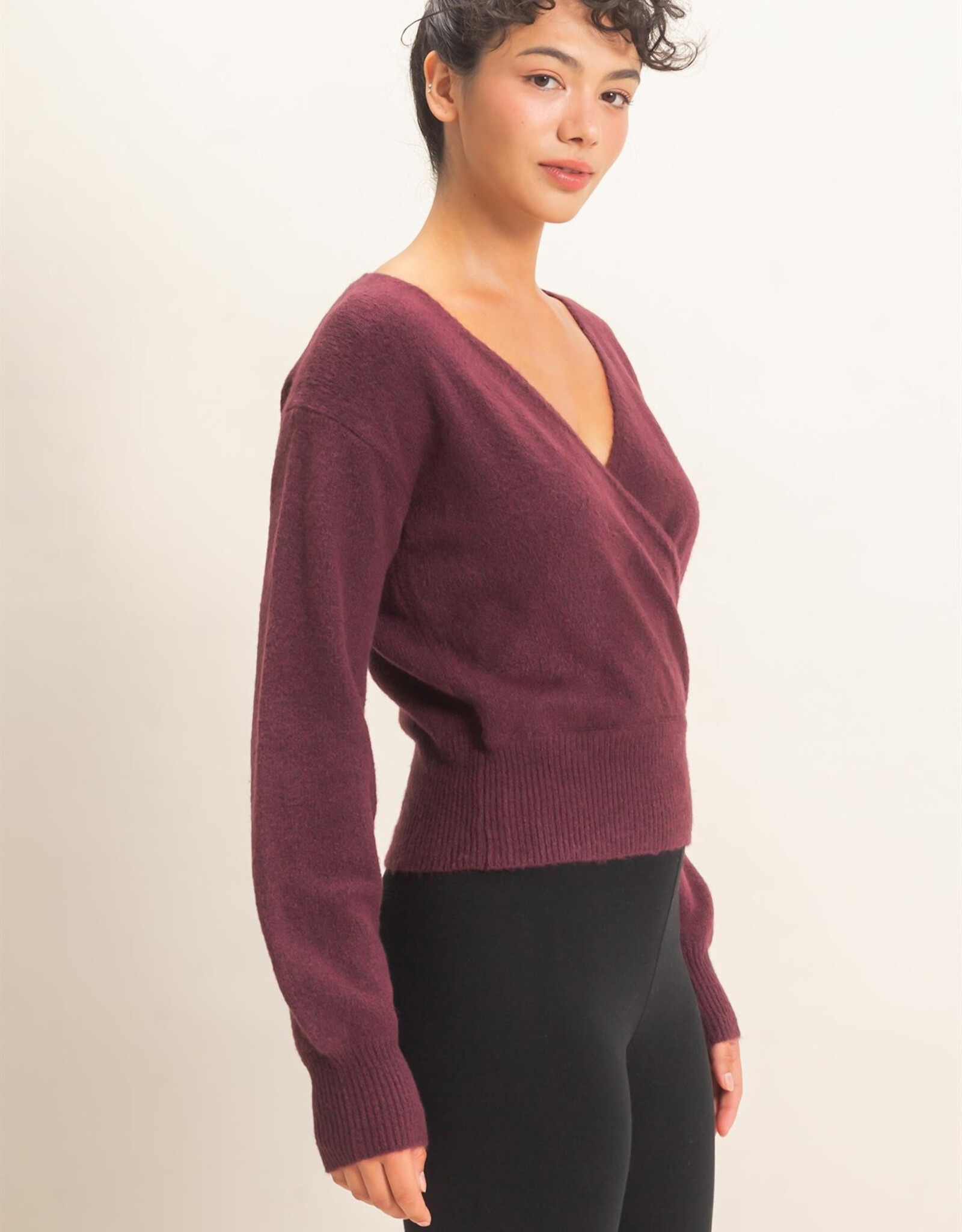Miss Bliss HYFVE Wrap V Neck Sweater- Dark Cherry