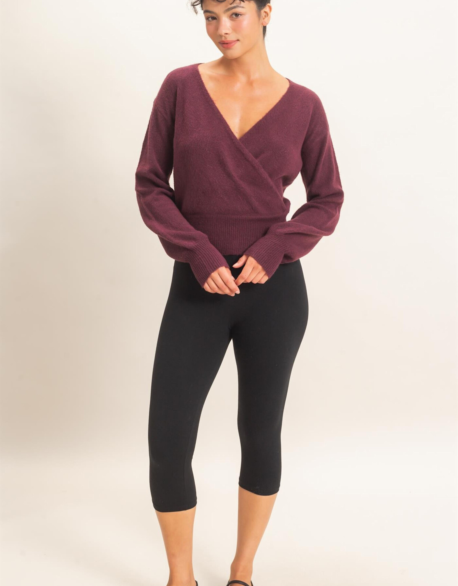 Miss Bliss HYFVE Wrap V Neck Sweater- Dark Cherry