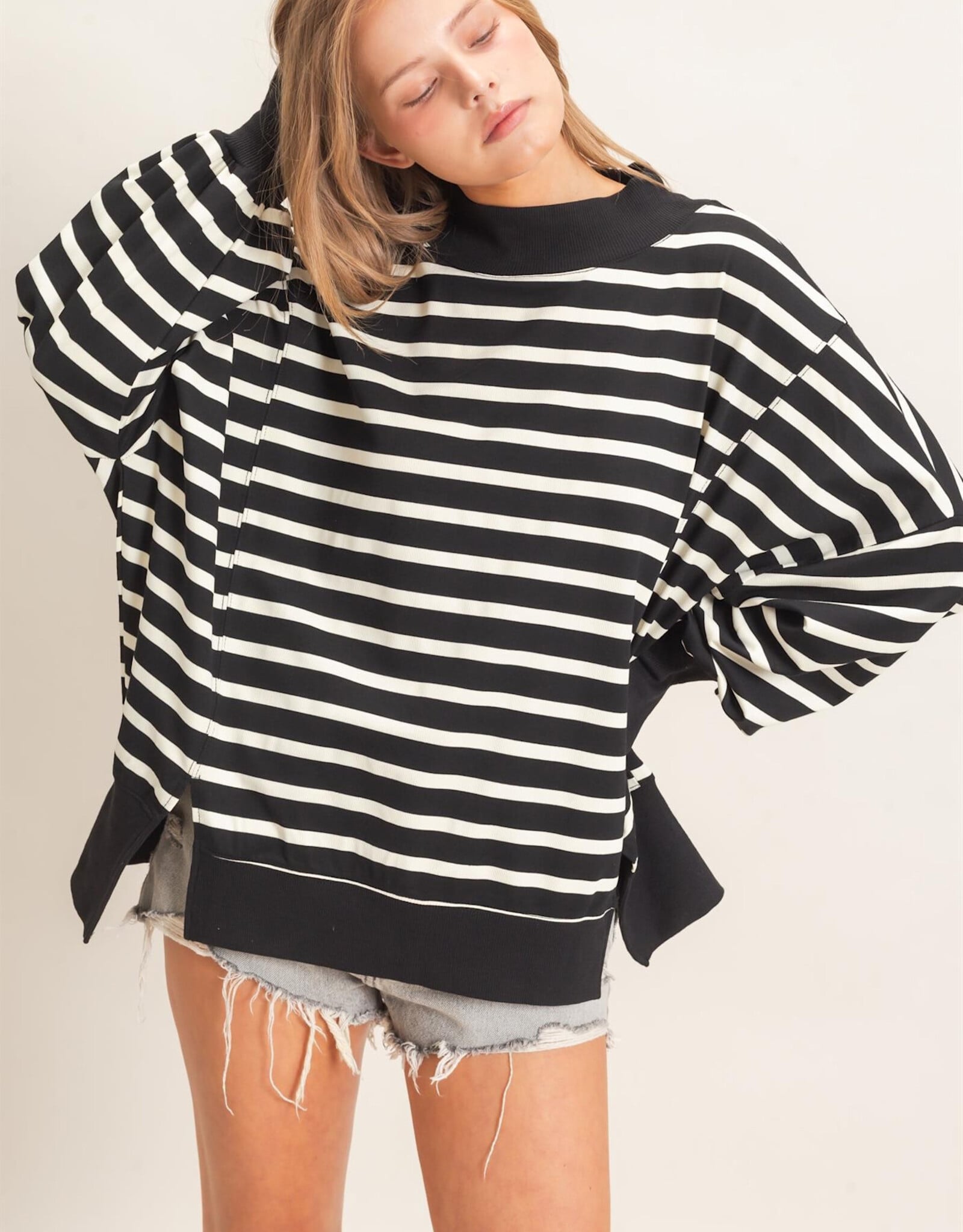 Miss Bliss HYFVE Striped Mock Neck Sweatshirt-Black/Cream
