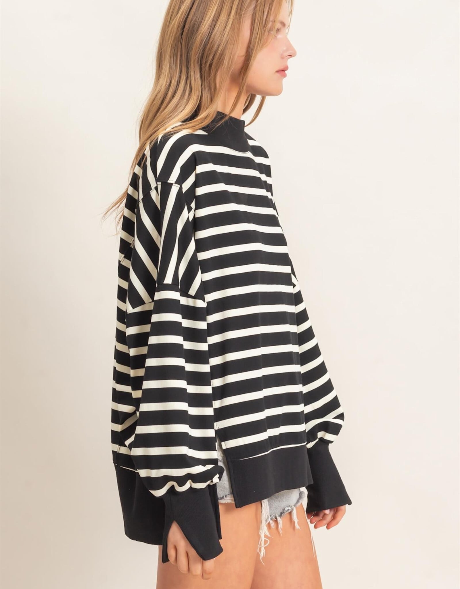 Miss Bliss HYFVE Striped Mock Neck Sweatshirt-Black/Cream