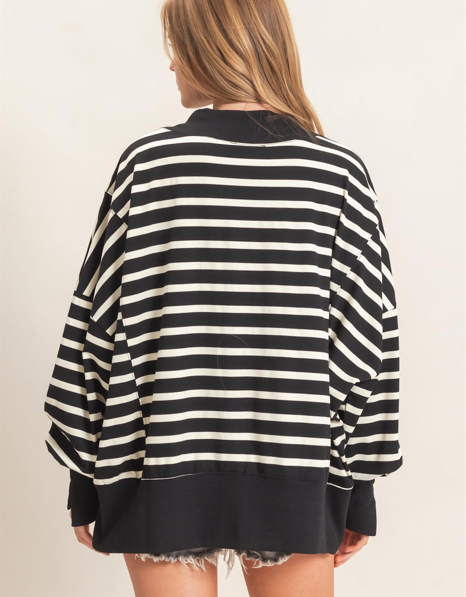 Miss Bliss HYFVE Striped Mock Neck Sweatshirt-Black/Cream