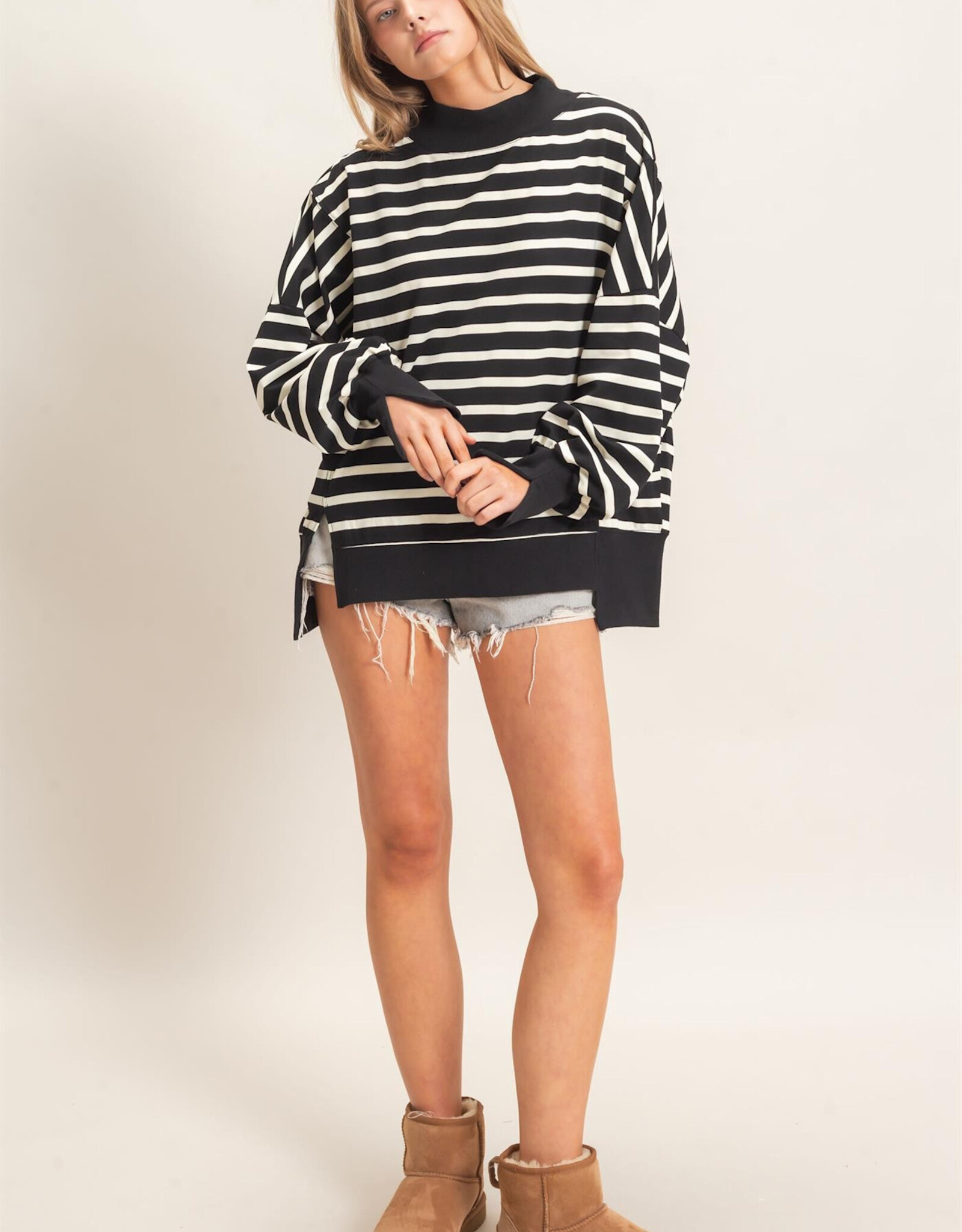 Miss Bliss HYFVE Striped Mock Neck Sweatshirt-Black/Cream