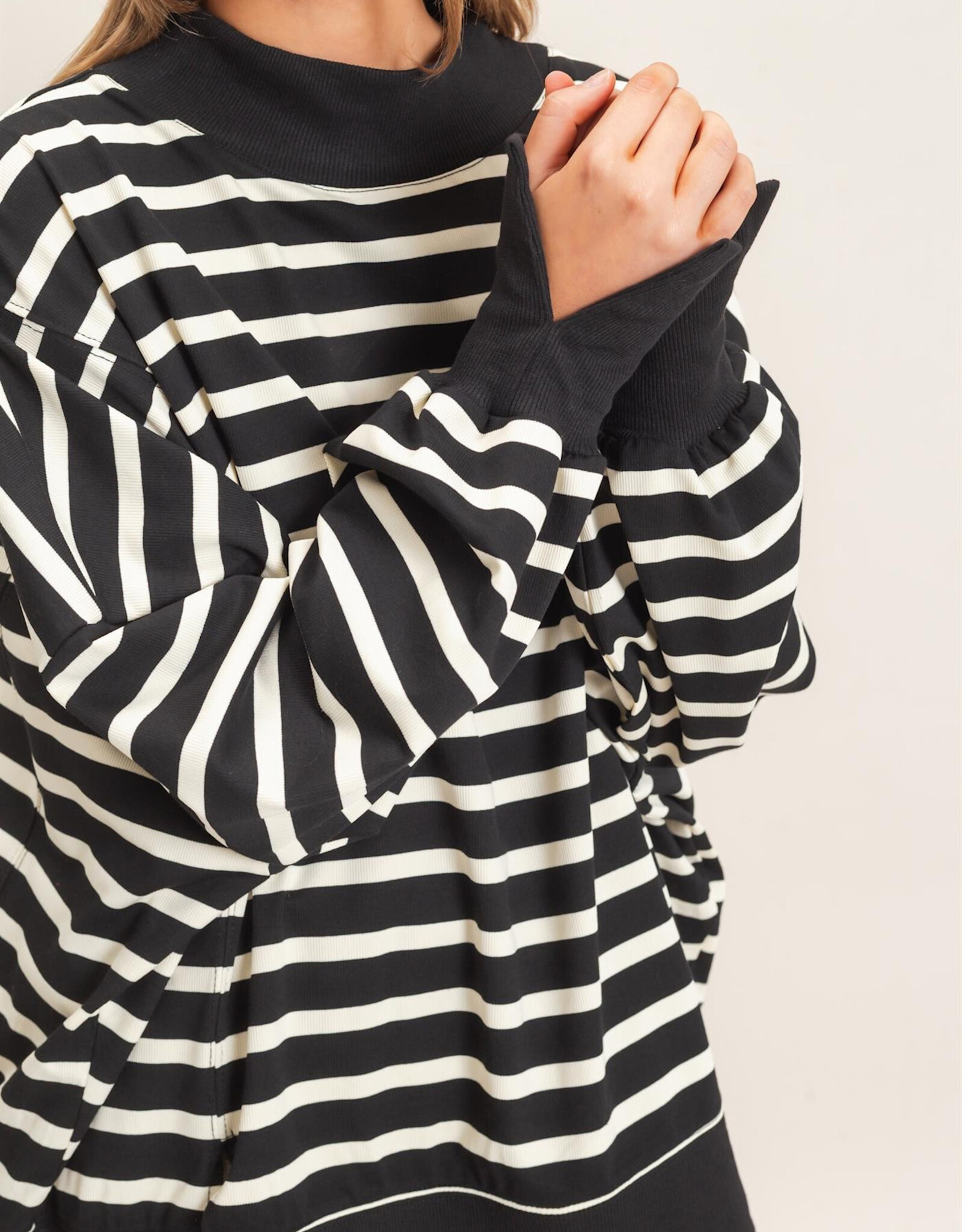 Miss Bliss HYFVE Striped Mock Neck Sweatshirt-Black/Cream