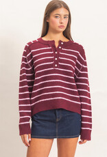 Miss Bliss HYFVE Striped Henley Sweater- Dark Cherry