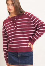 Miss Bliss HYFVE Striped Henley Sweater- Dark Cherry