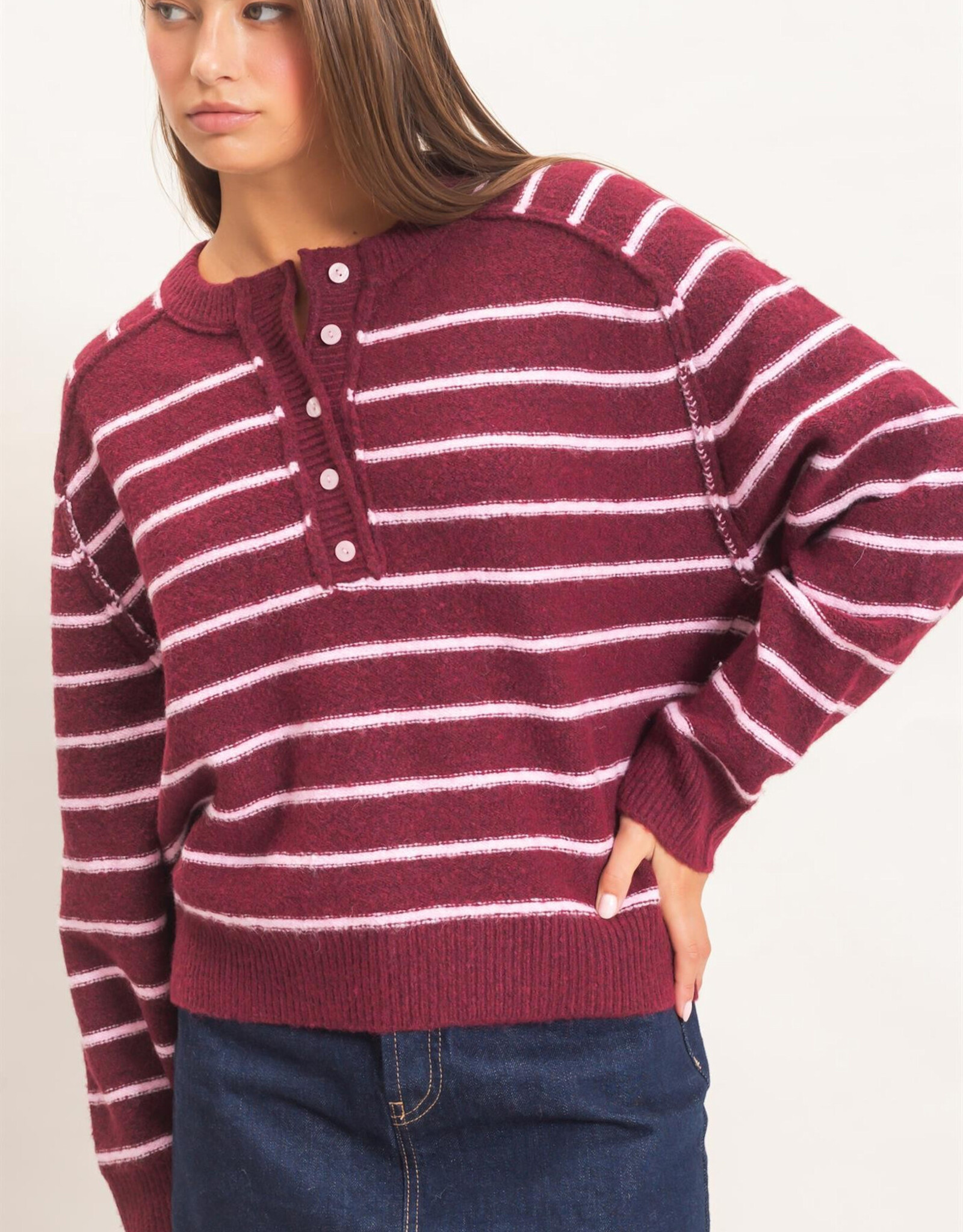 Miss Bliss HYFVE Striped Henley Sweater- Dark Cherry