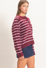 Miss Bliss HYFVE Striped Henley Sweater- Dark Cherry