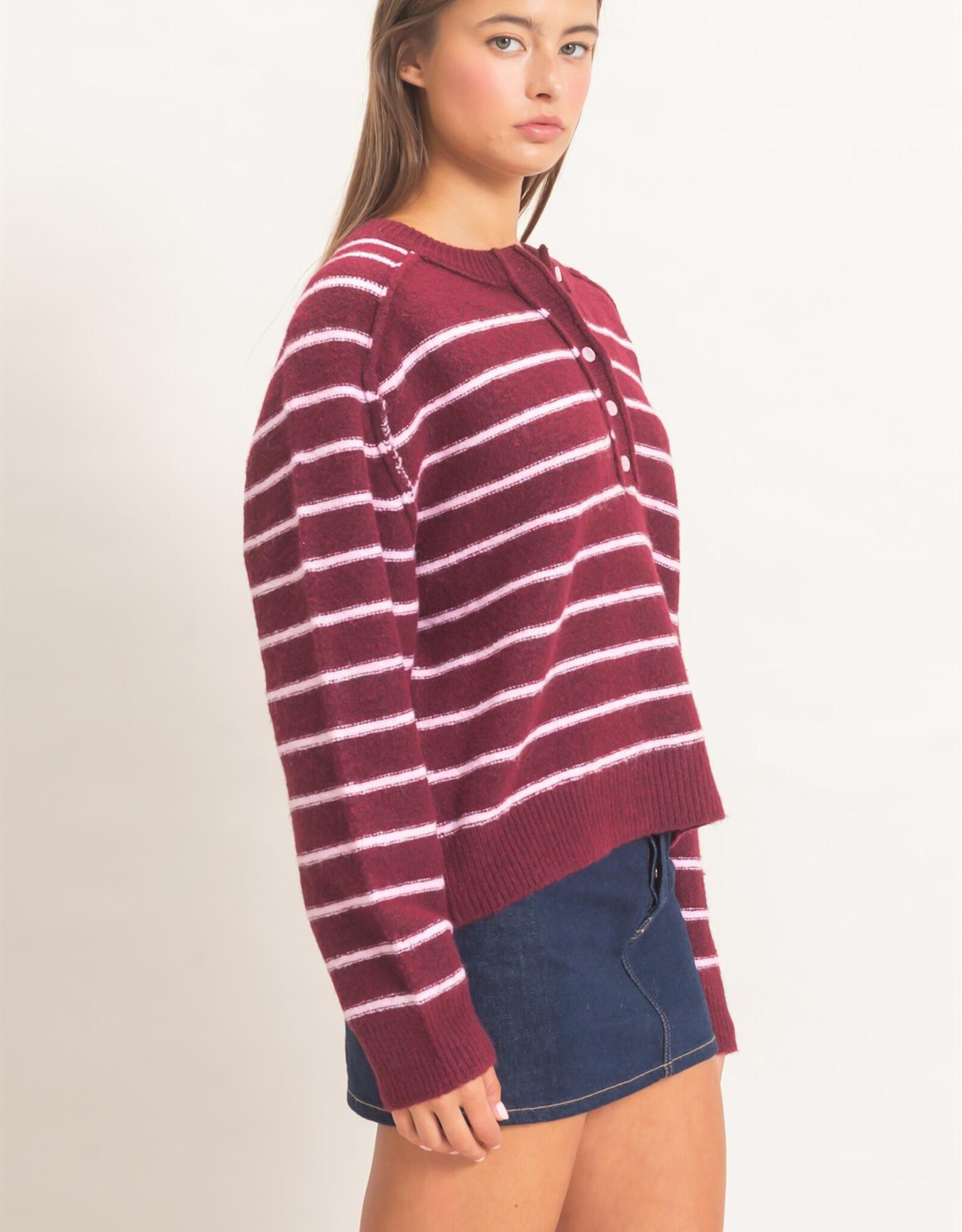 Miss Bliss HYFVE Striped Henley Sweater- Dark Cherry