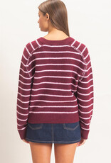 Miss Bliss HYFVE Striped Henley Sweater- Dark Cherry