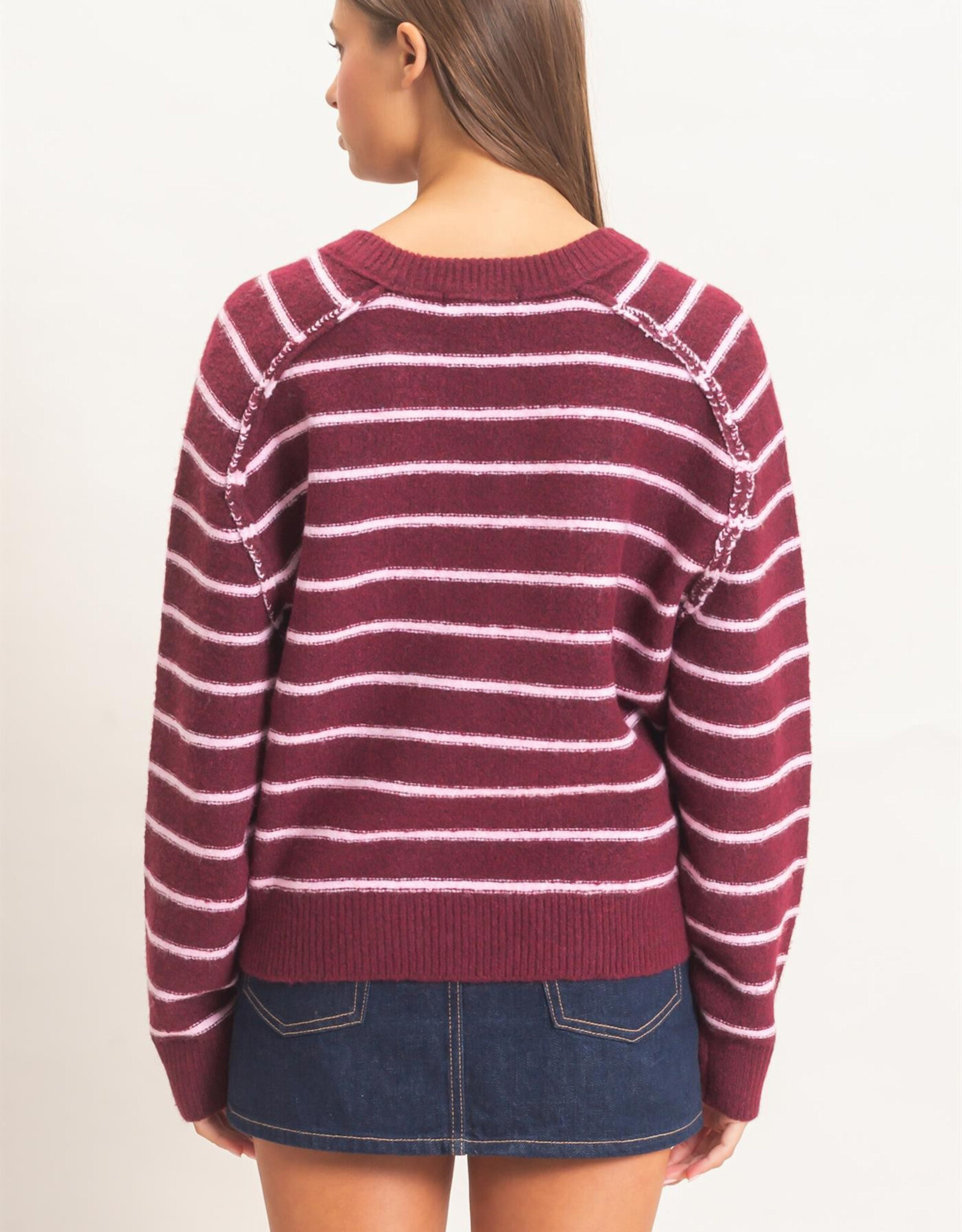 Miss Bliss HYFVE Striped Henley Sweater- Dark Cherry
