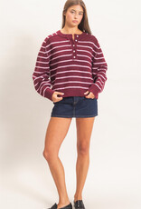 Miss Bliss HYFVE Striped Henley Sweater- Dark Cherry