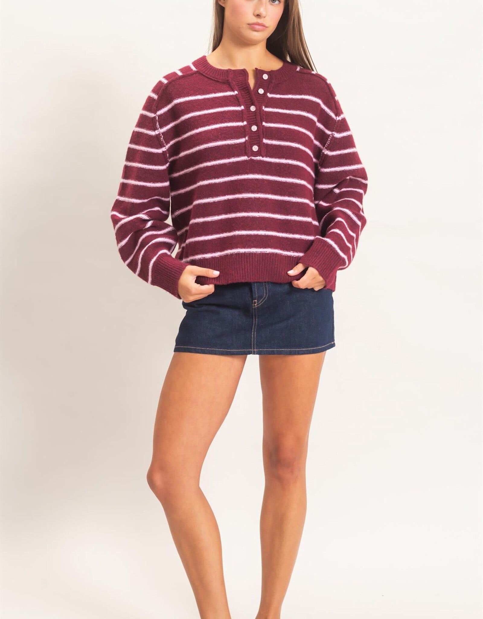 Miss Bliss HYFVE Striped Henley Sweater- Dark Cherry