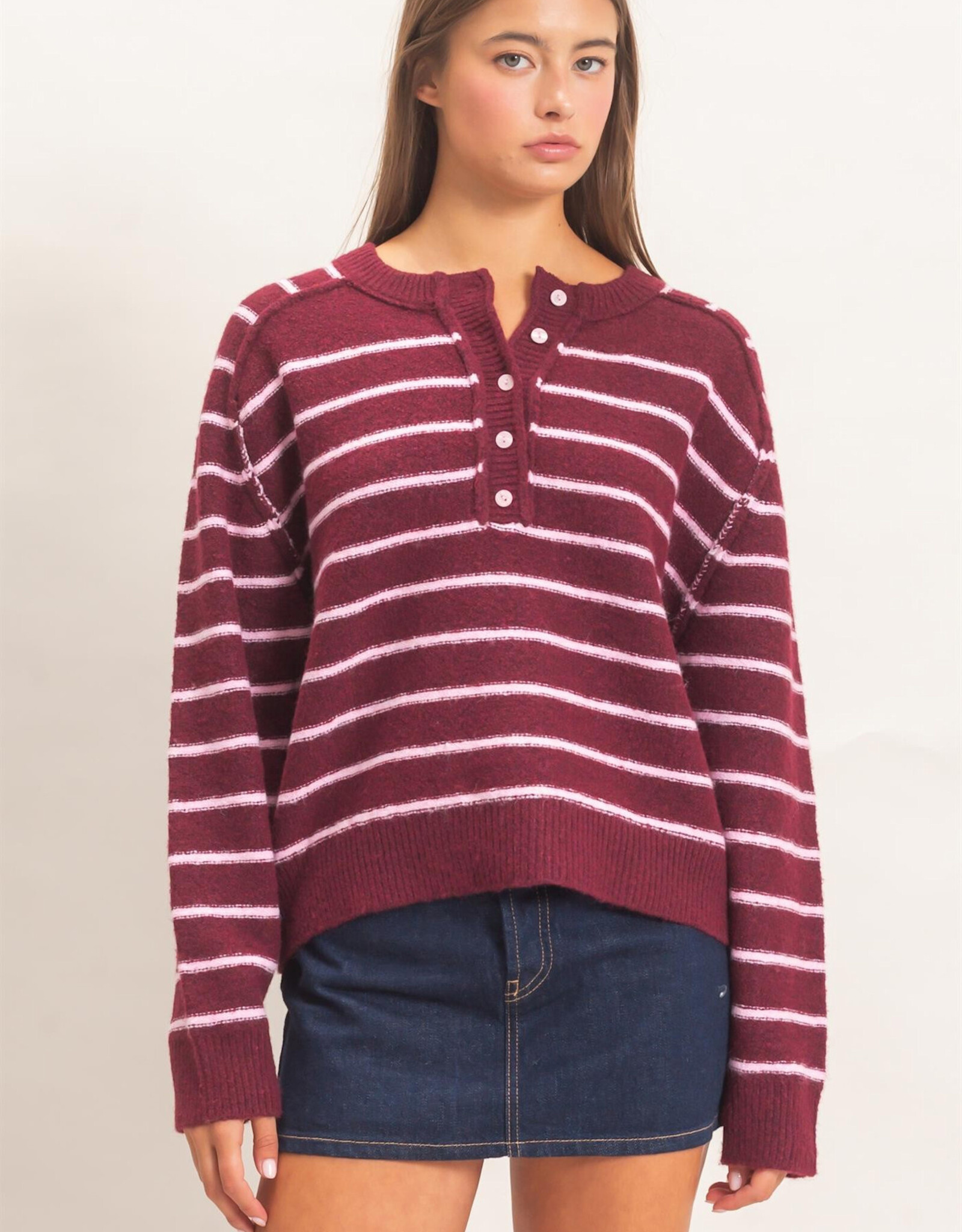 Miss Bliss HYFVE Striped Henley Sweater- Dark Cherry