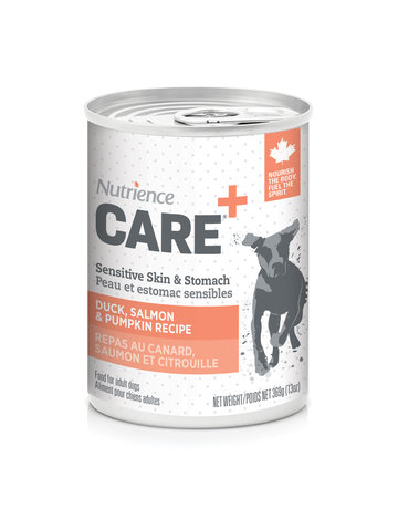 Nutrience Nutrience conserve pour chiens, care+ peau et estomac sensibles canard, saumon et citrouille369g (12)