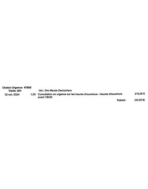 Frais vétérinaire d'urgence 02 octobre Houssart