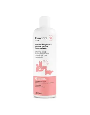 sos odeur Purodora Lab shampoing et neutralisant d'odeurs de moufette 237 ml.