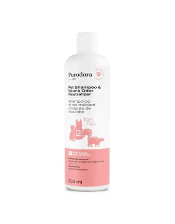 sos odeur Purodora Lab shampoing et neutralisant d'odeurs de moufette 237 ml.