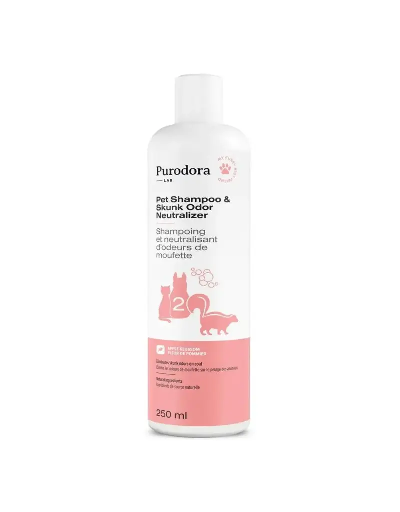 sos odeur Purodora Lab shampoing et neutralisant d'odeurs de moufette 237 ml.