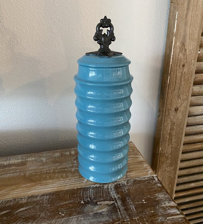 12" Teal Ribbed Cannister with Lid