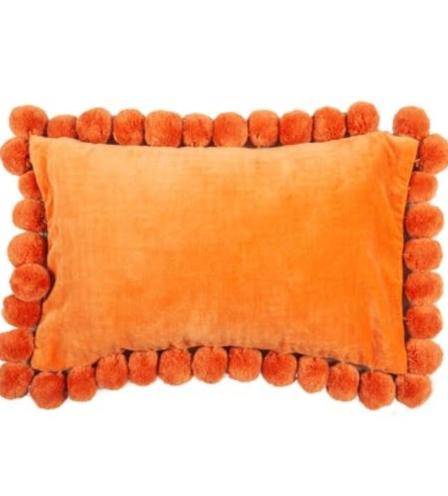 Jeffan Hamal 20" Square Velvet Pillow with Pom Poms, Tangerine- AP-015A1-OR