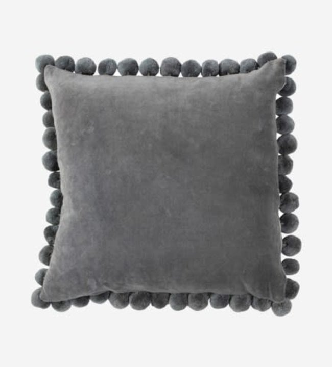 Jeffan Hamal Lumbar Velvet Pillow with Pom Poms, Grey- AP-015A2-GR