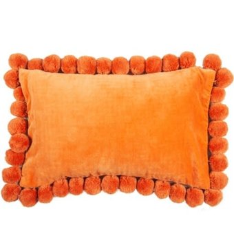 Jeffan Hamal Lumbar Velvet Pillow with Pom Poms, Tangerine