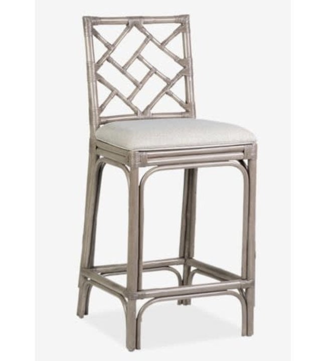 Jeffan Hampton Chippendale Rattan Side Chair Grey Wash, Cream Taupe Cushion-SC-73101-GW