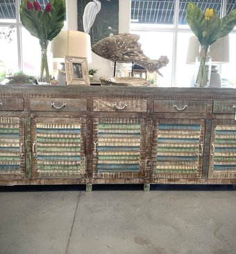 Featured In Haus Blue/Green/Natural Solid Wood Distressed Cabinet 105x16x36
