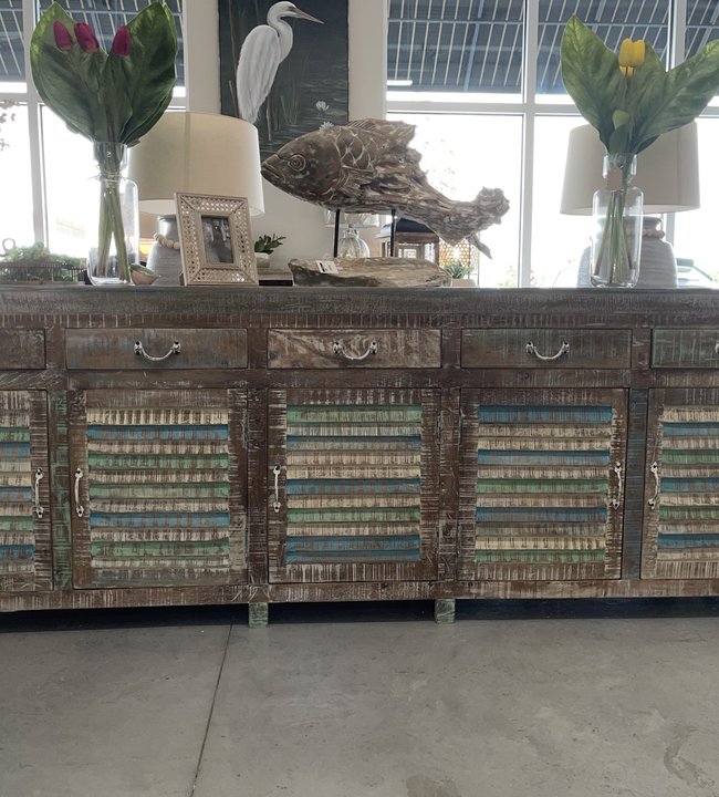Featured In Haus Blue/Green/Natural Solid Wood Distressed Cabinet 105x16x36