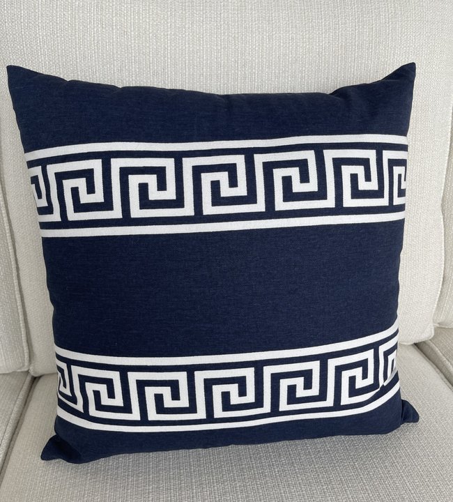 18' Square Cotton Navy Blue Pillow with White Double Greek Key Stripes-17993C-BL
