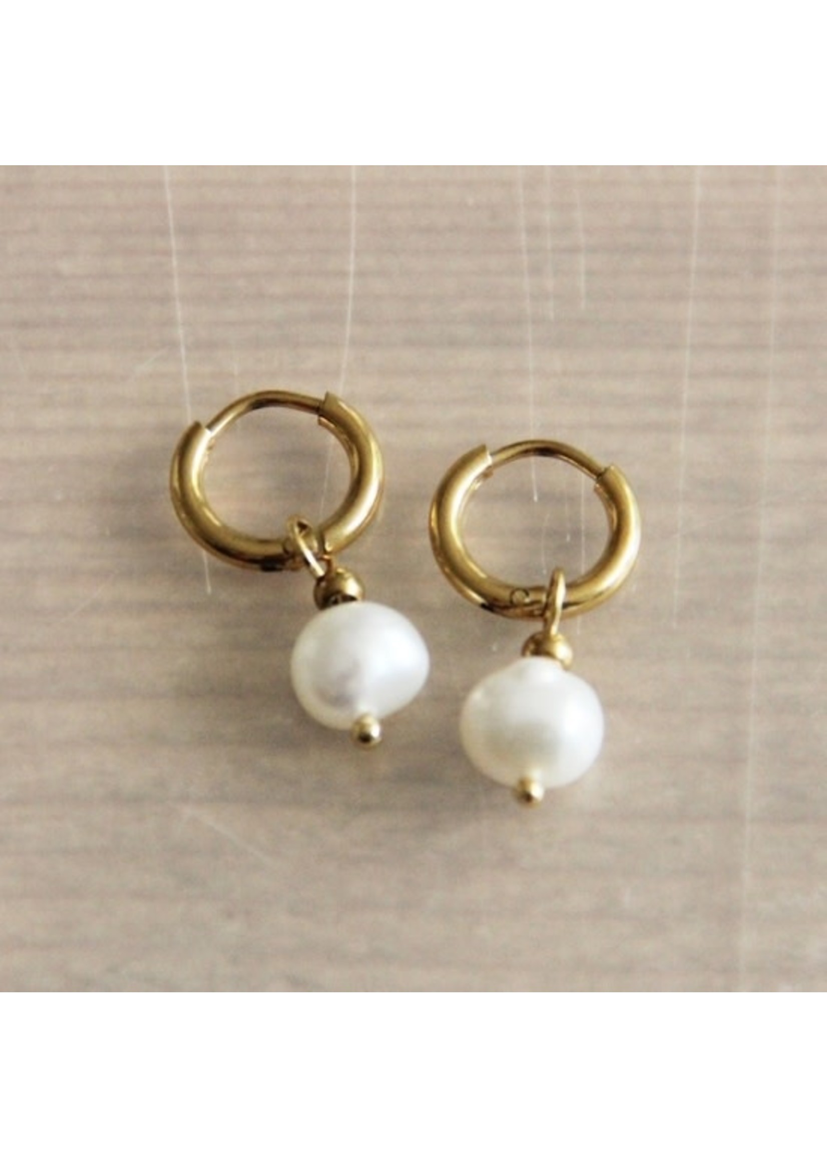 Steel Creoles With Freshwater Pearl Drop - Gold