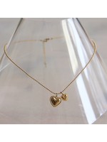 bazou Stainless steel ballchain necklace with double heart - gold