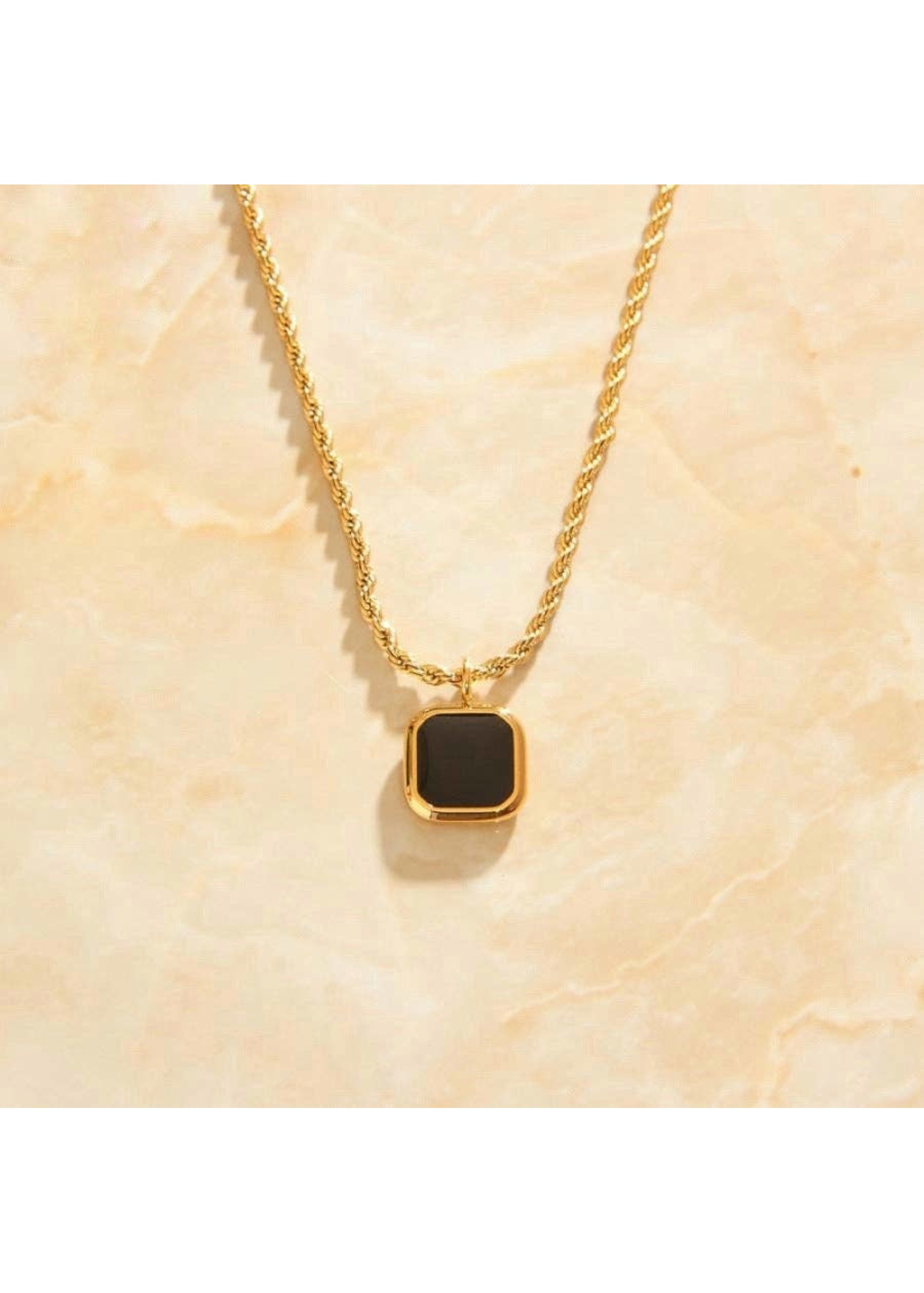 Maxime - Stainless Square Black Enamel Twisted Pendant Necklace
