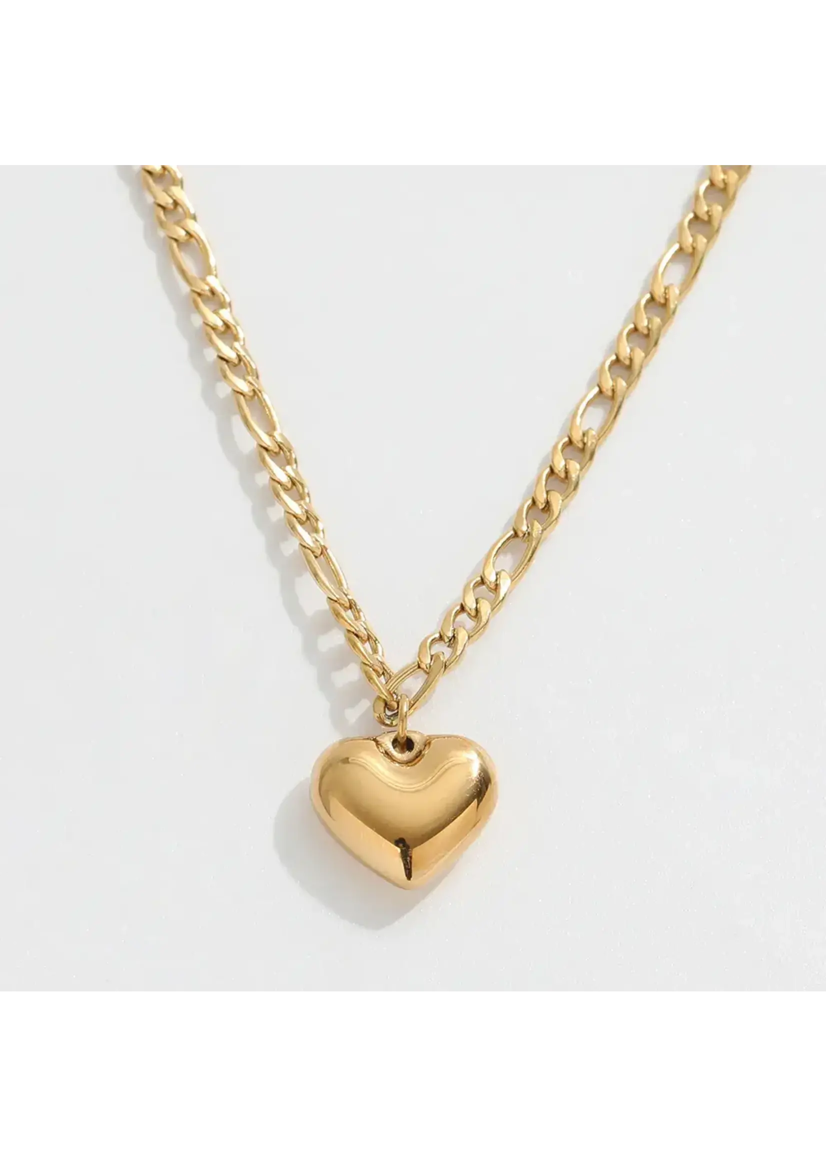 Steel Puffy Heart Figaro Chain Necklace - Gold