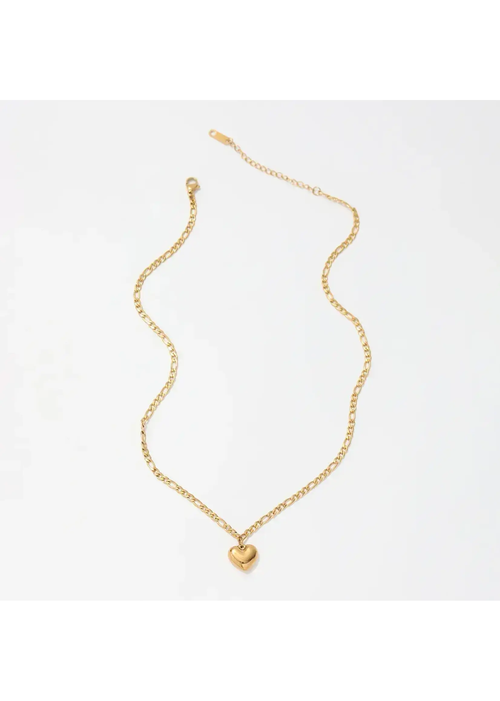 Steel Puffy Heart Figaro Chain Necklace - Gold