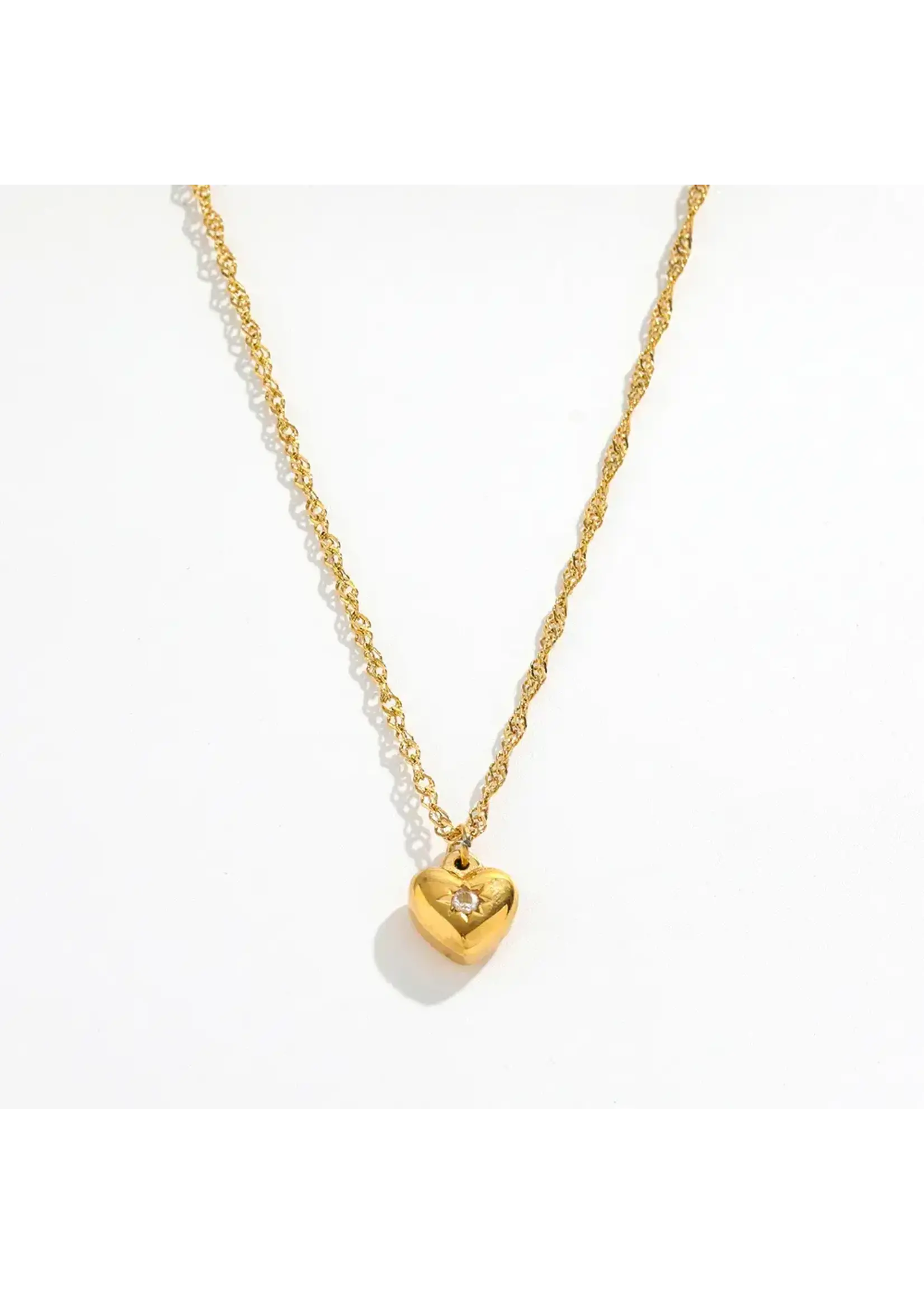Steel Zirconia Dainty Heart Pendant Necklace - Gold