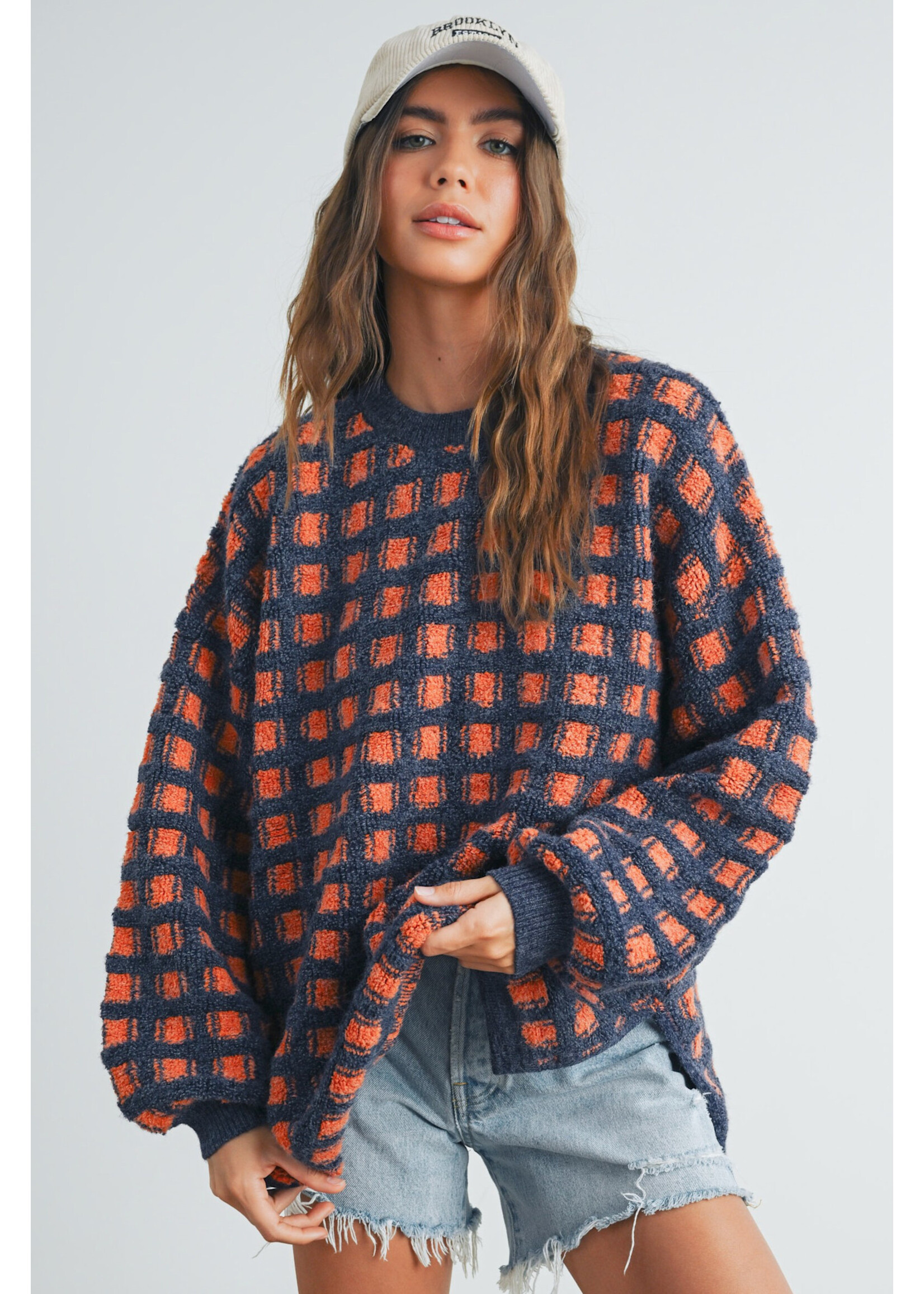EM & ELLE Zia Checkered Oversized Sweater