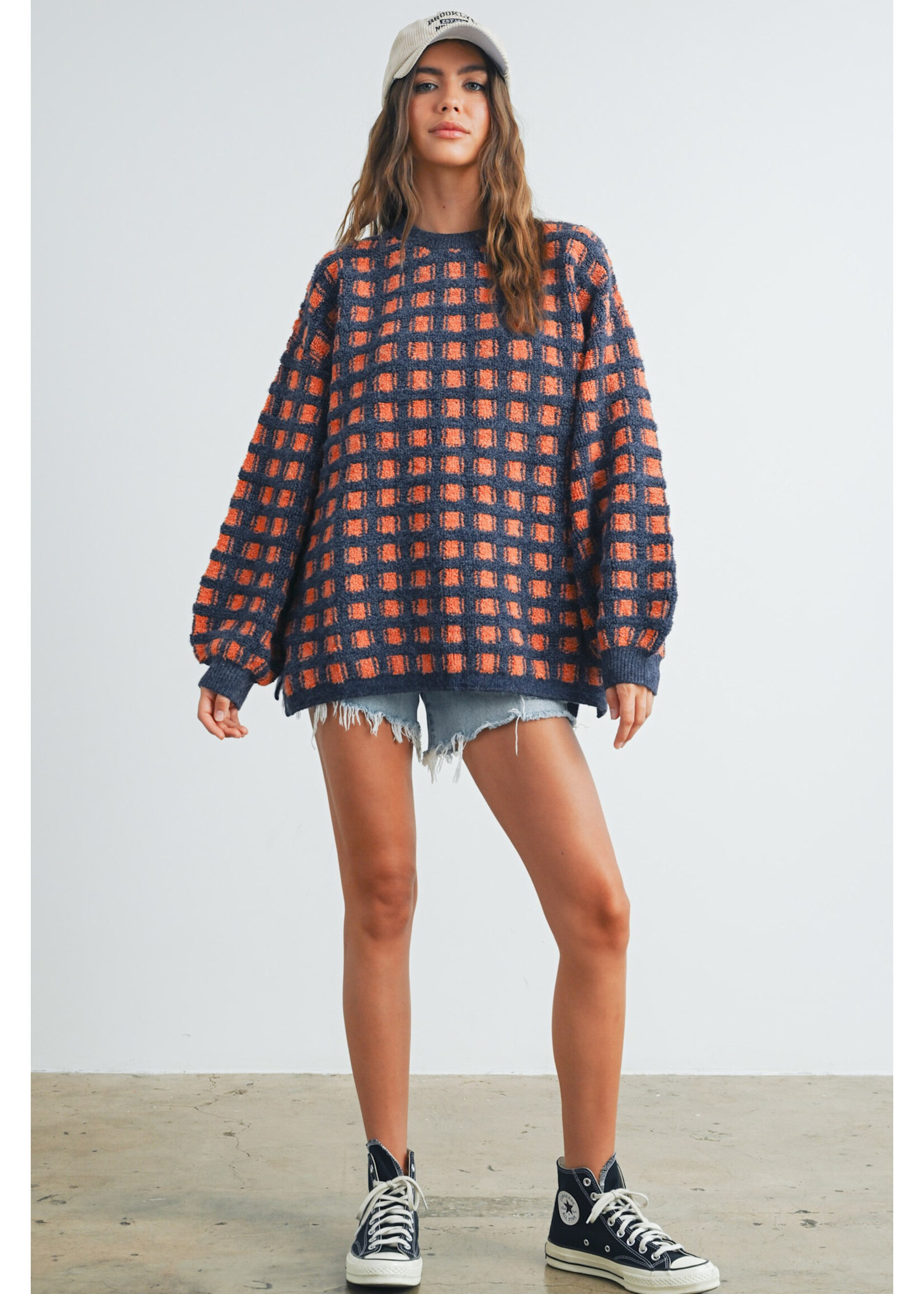 EM & ELLE Zia Checkered Oversized Sweater