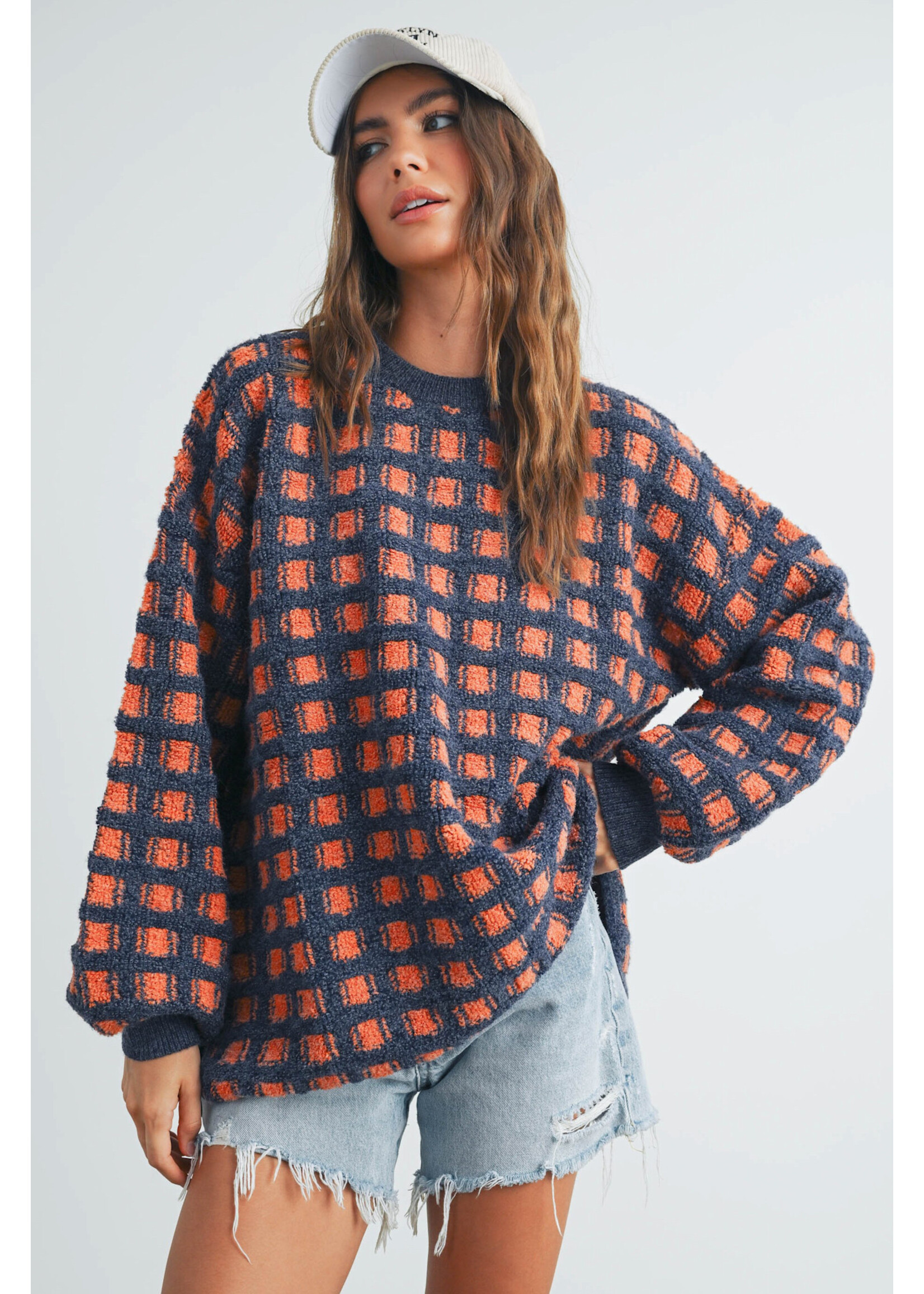EM & ELLE Zia Checkered Oversized Sweater