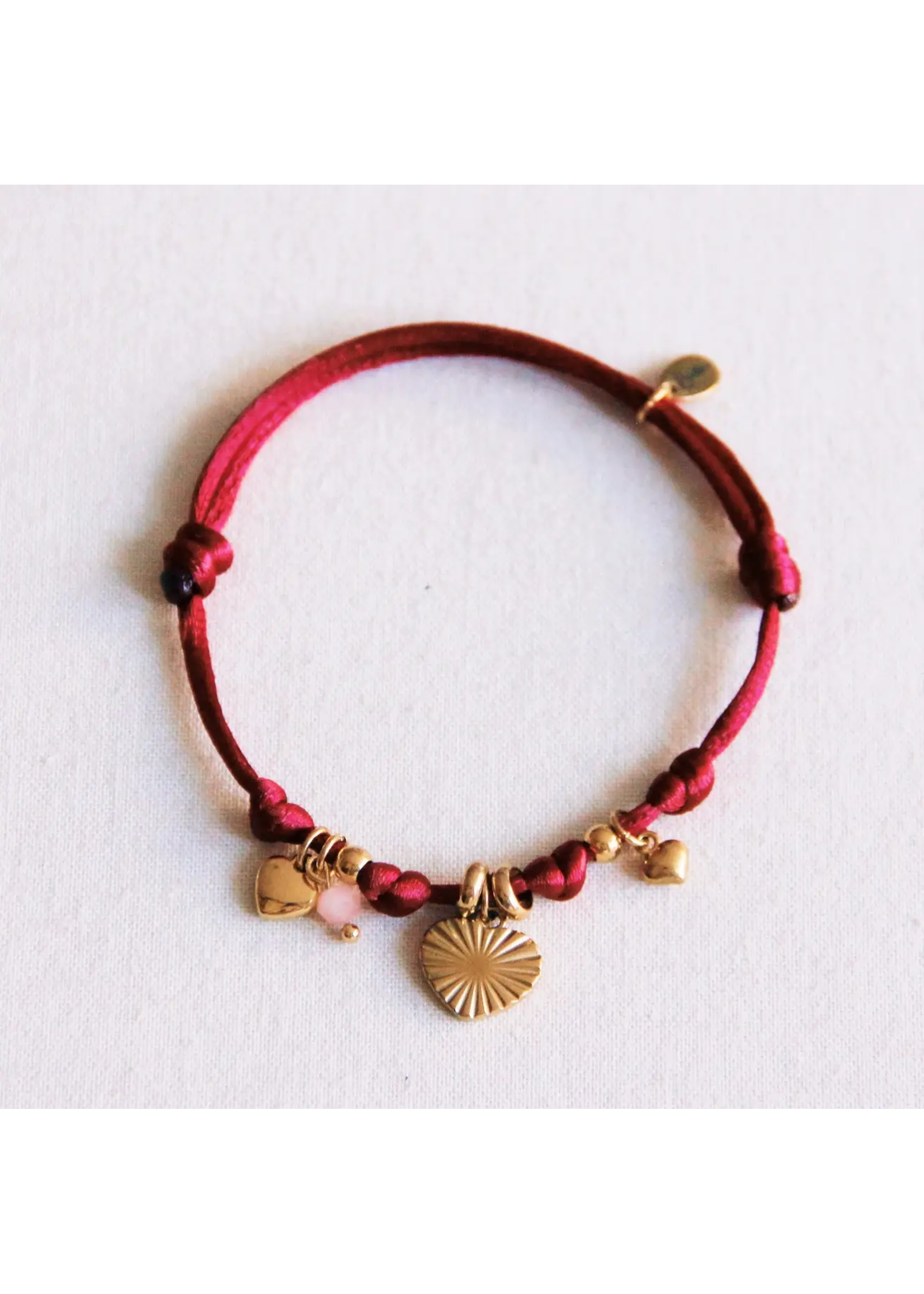 Satin Charm Bracelet with Hearts and Mini Facets - Burgundy