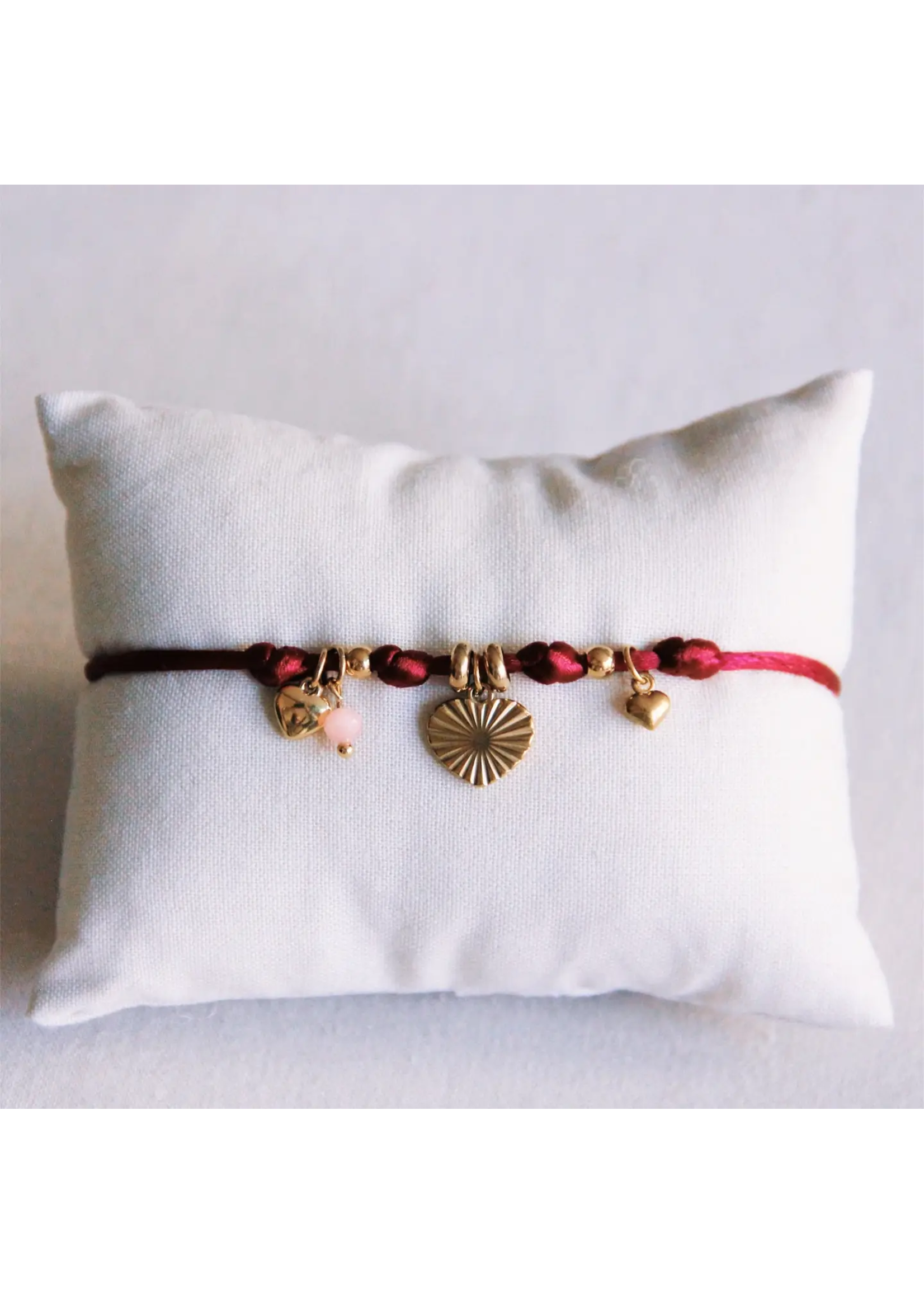 Satin Charm Bracelet with Hearts and Mini Facets - Burgundy