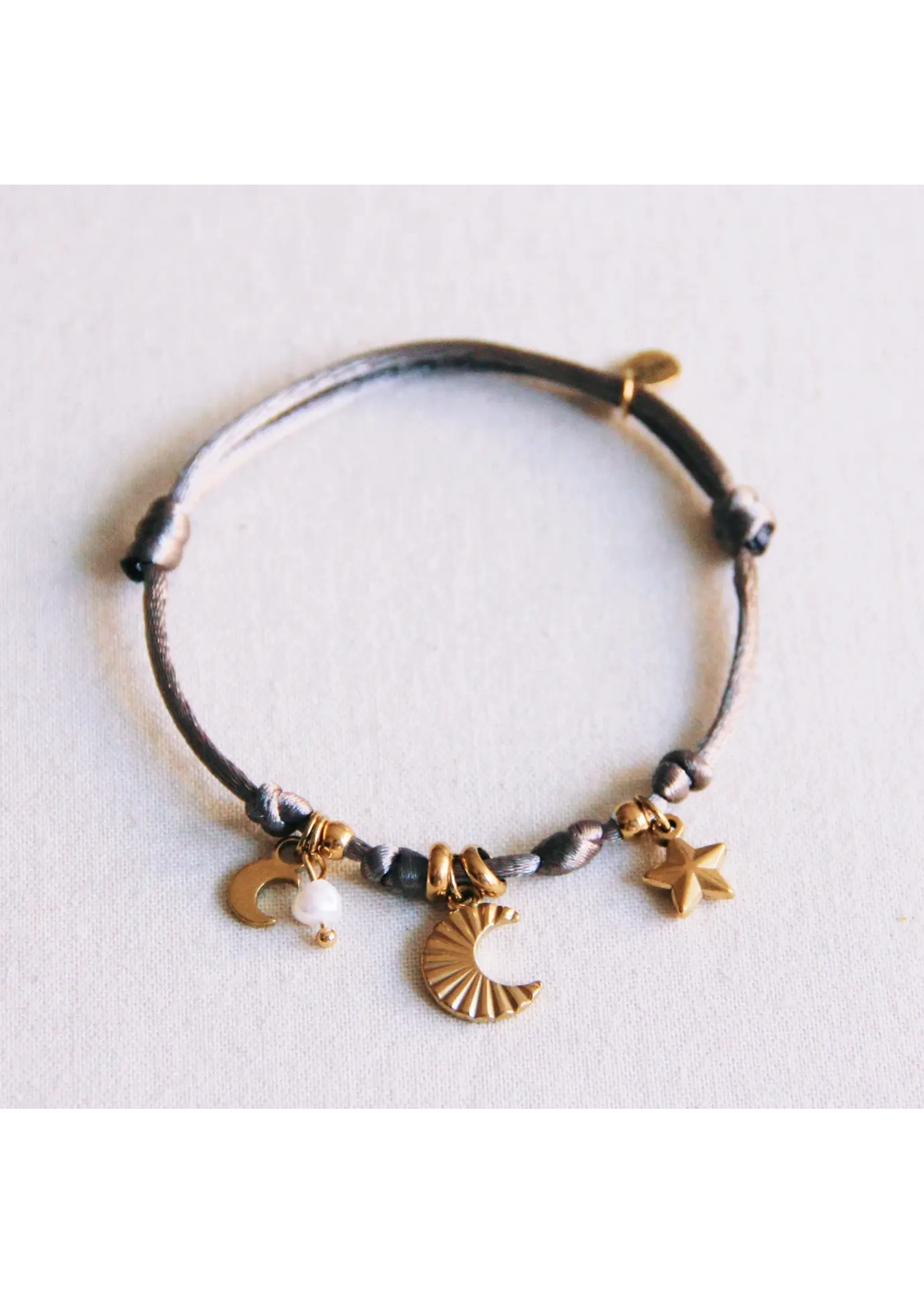Satin Charm Bracelet with Moons and Mini Pearl - Taupe