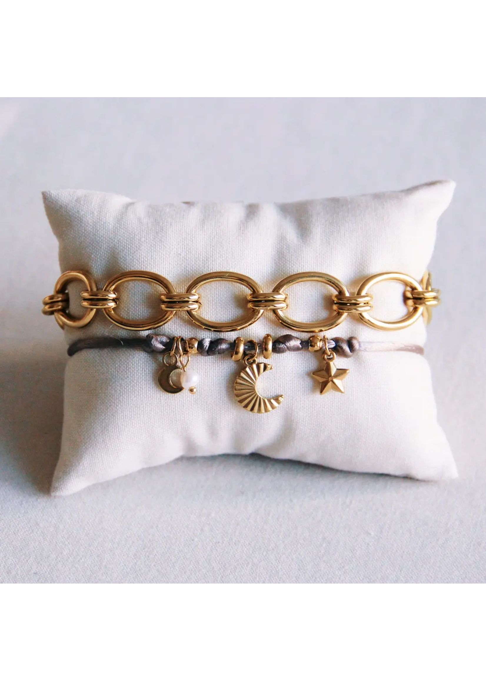 Satin Charm Bracelet with Moons and Mini Pearl - Taupe