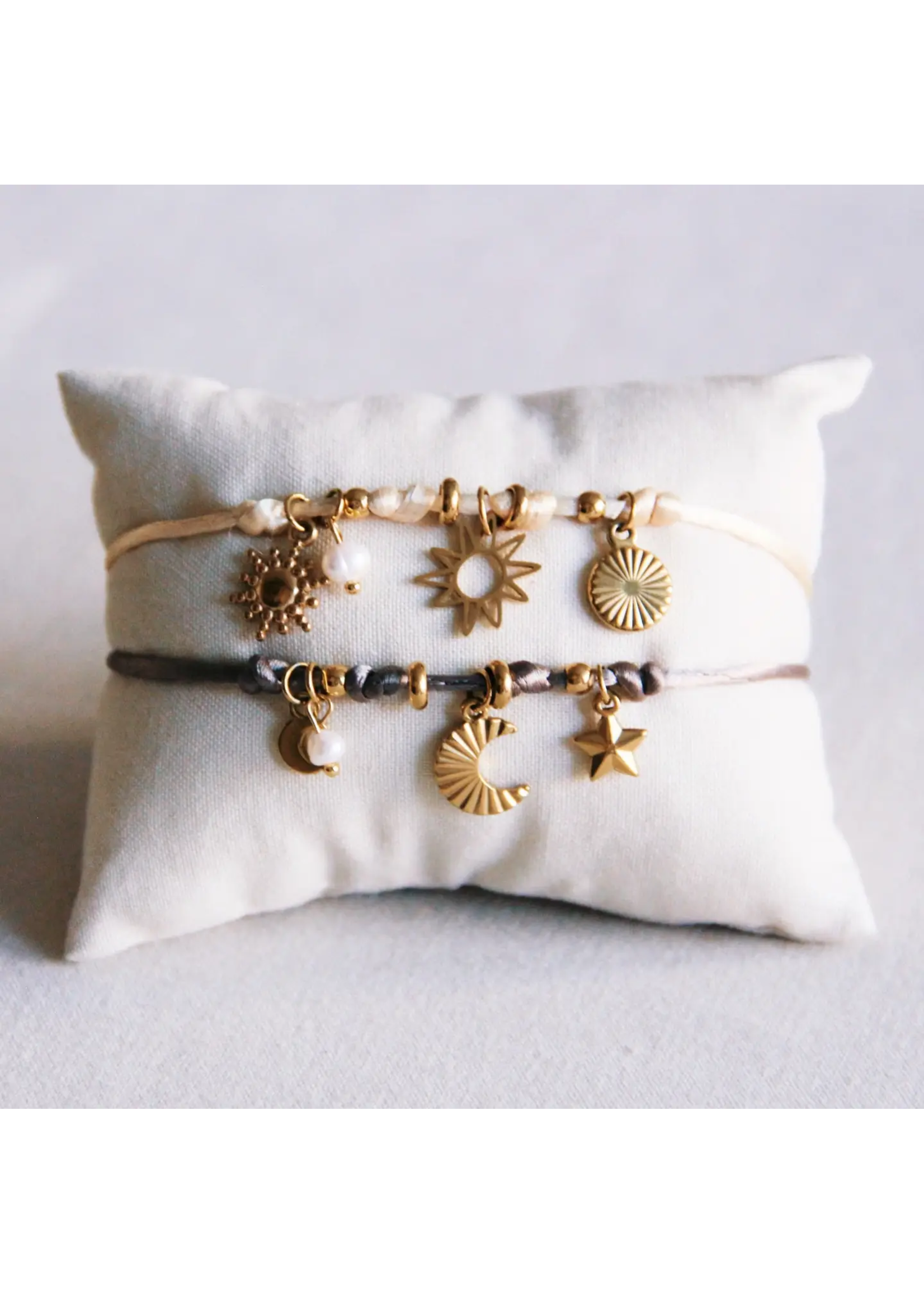 Satin Charm Bracelet with Moons and Mini Pearl - Taupe