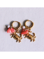 Earrings with Crab, Pearl, and Gemstone Chip - Coral/Gold