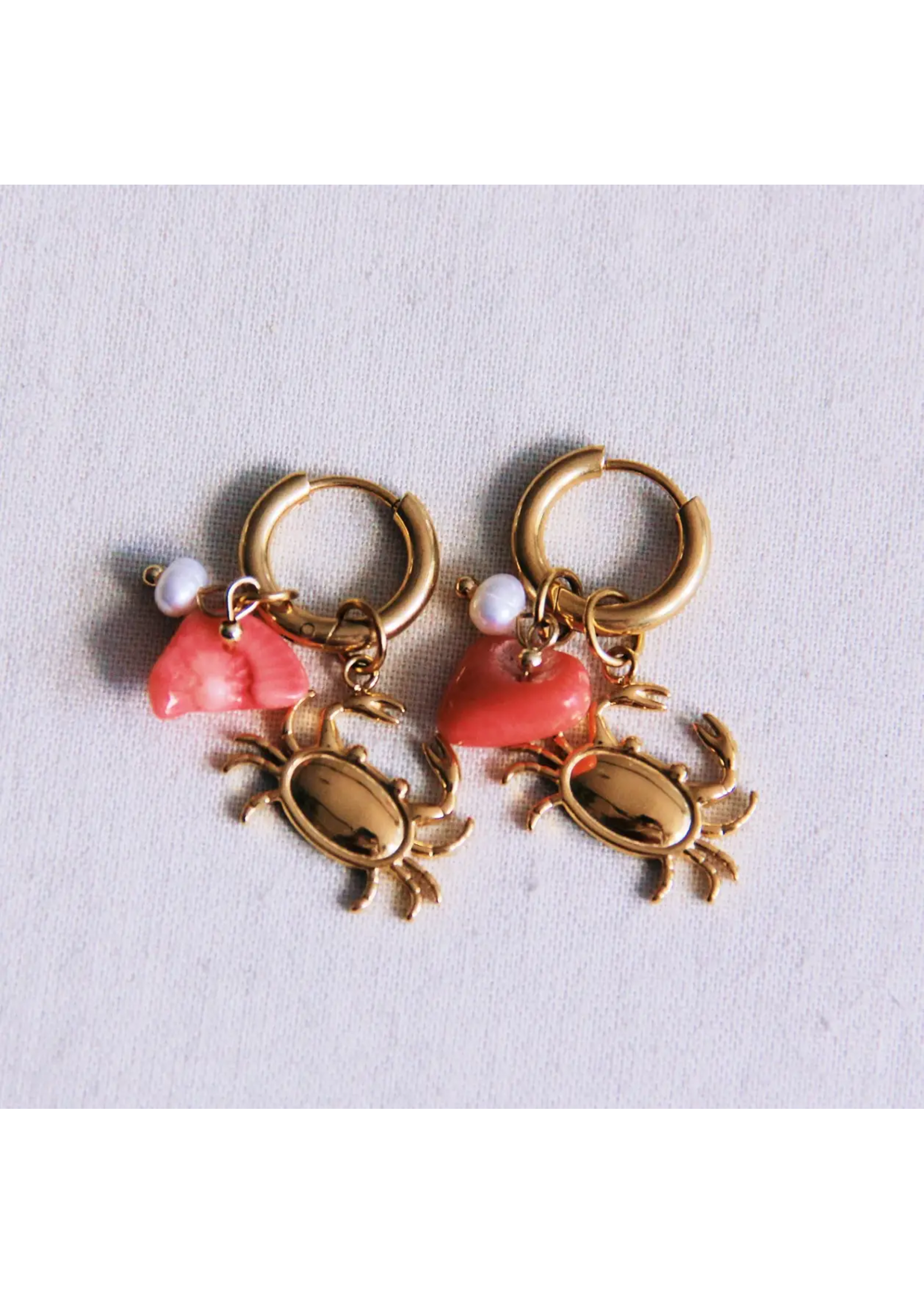 Earrings with Crab, Pearl, and Gemstone Chip - Coral/Gold