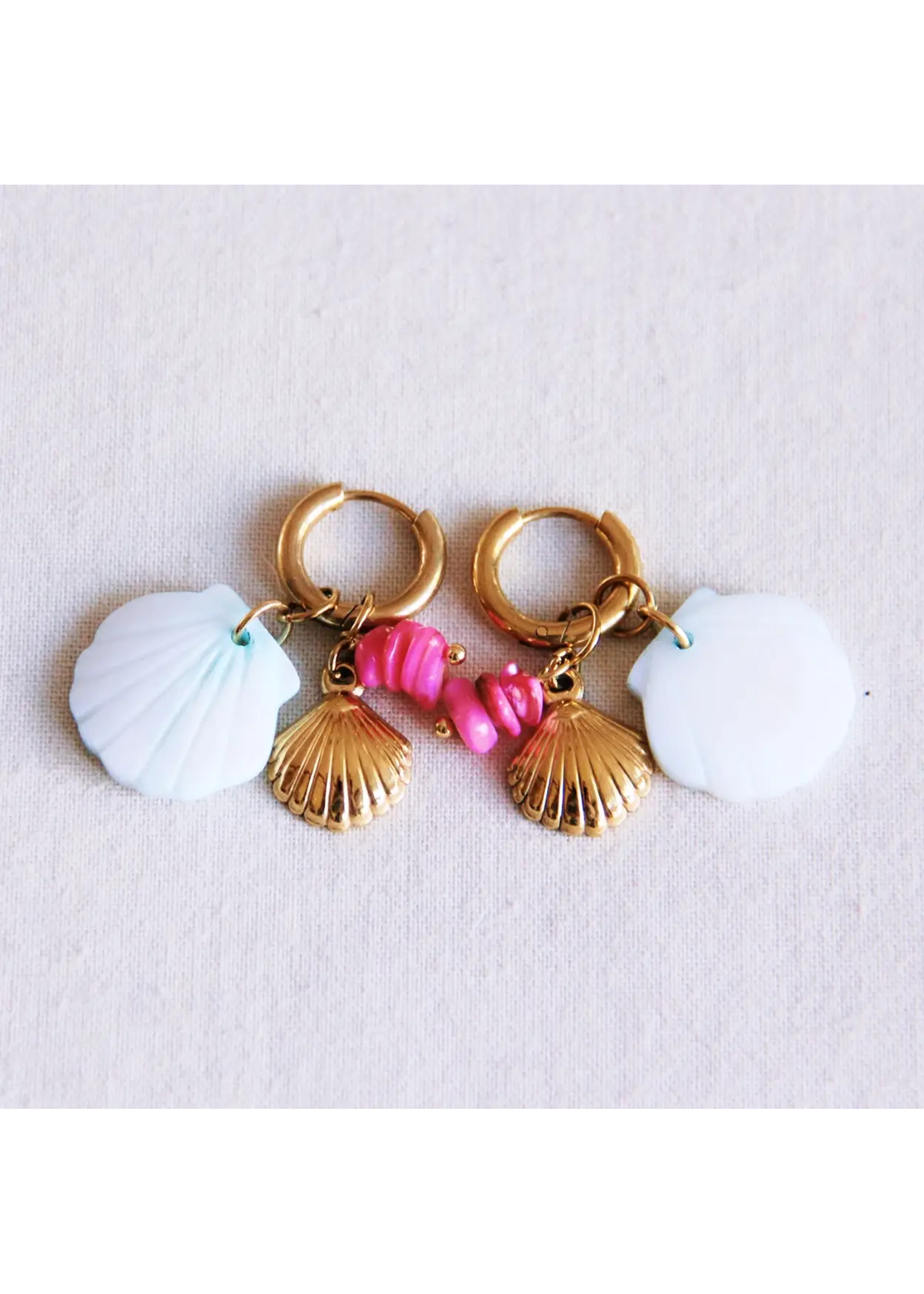 Earrings with Shells and Chip Gemstones - Light Blue/Fuchsia
