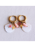 Earrings with White Shell, Starfish, and Tube - Light Pink