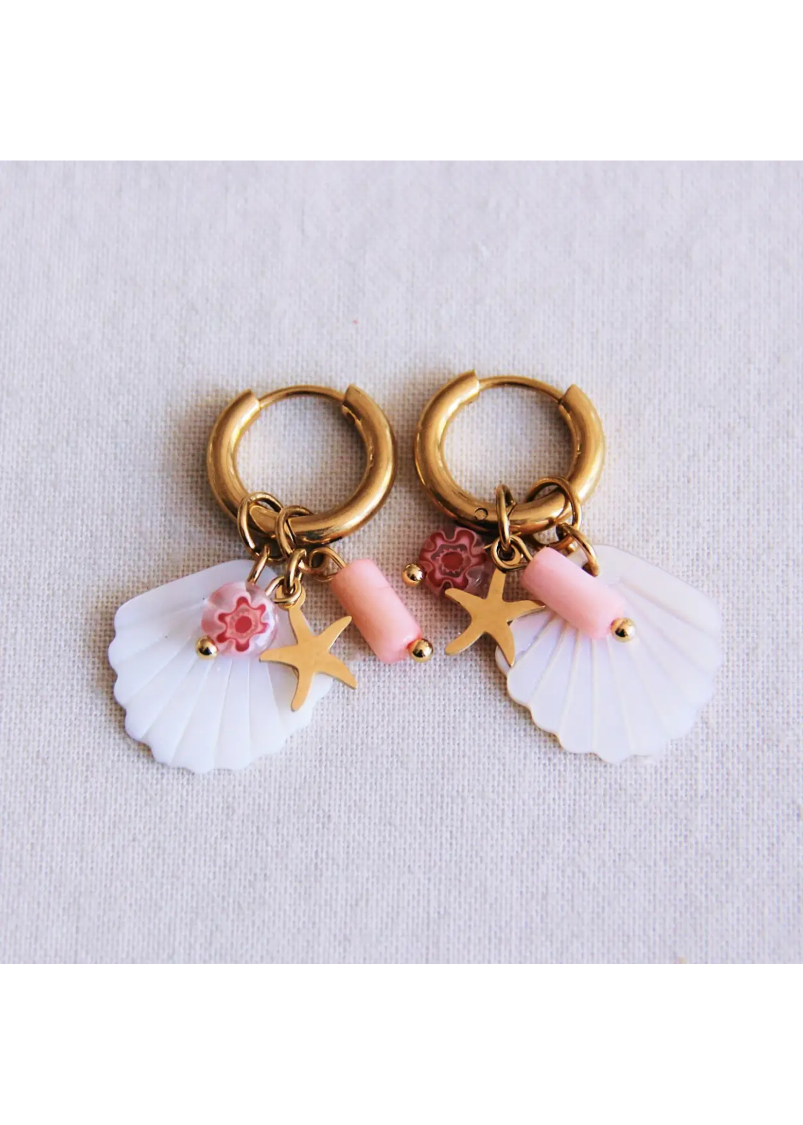 Earrings with White Shell, Starfish, and Tube - Light Pink