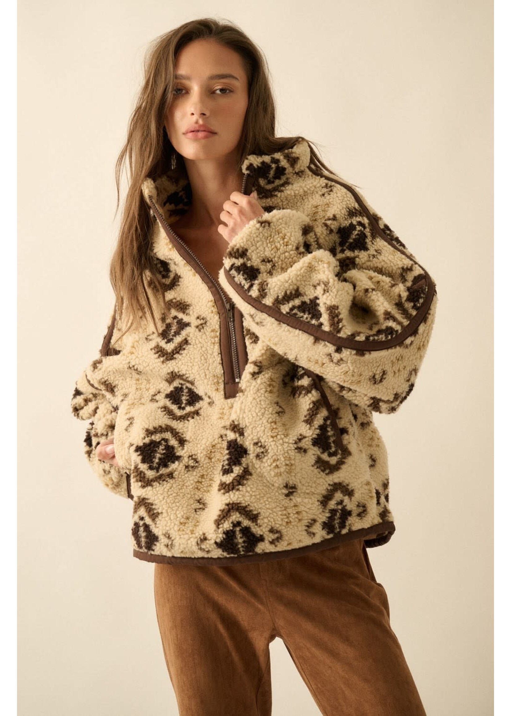 EM & ELLE Geo-print Sherpa Fleece Half-zip Pullover Jacket